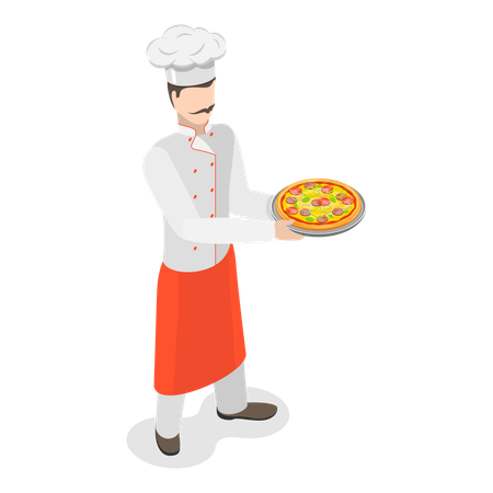 Chef italiano em pé com pizza  Ilustração