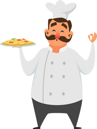 Chef italiano profesional con pizza  Ilustración