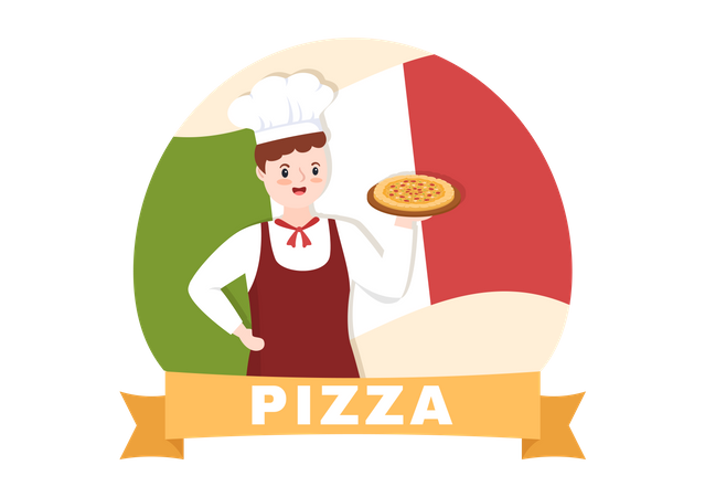 Chef italiano tradicional presentando pizza  Ilustración