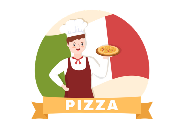 Chef italien traditionnel présentant une pizza  Illustration