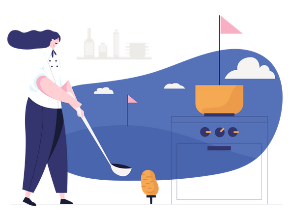 Chef jogando golfe enquanto cozinha  Ilustração
