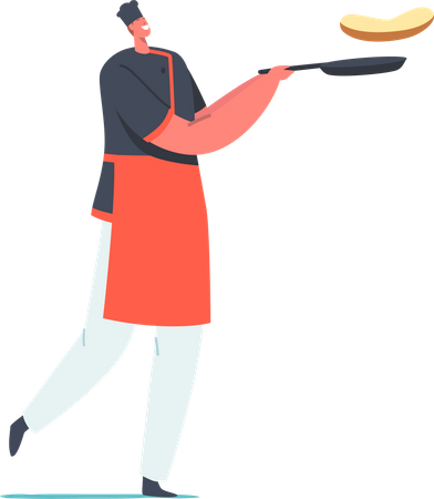 Chef jogando panquecas no ar na panela  Ilustração