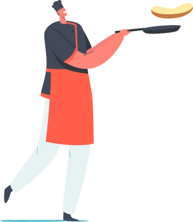Chef jogando panquecas no ar na panela  Ilustração