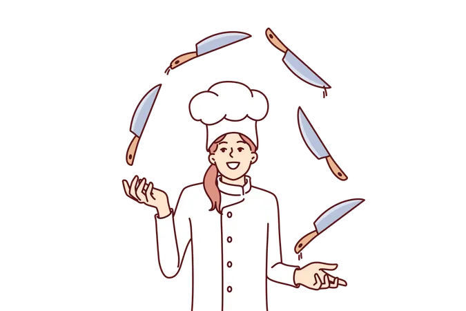 Woman Chef Juggles Knives Demonstrating Professional Skill And Promising Cooking Delicious Dinner Girl In White Uniform And Chef Hat From Restaurant Invites You To Visit Cooking Show Illustration