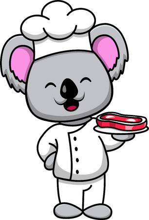 Chef koala sosteniendo filete de ternera  Ilustración