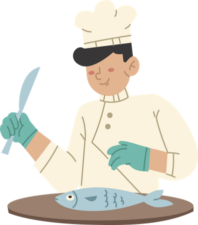 Chef limpiando pescado  Ilustración