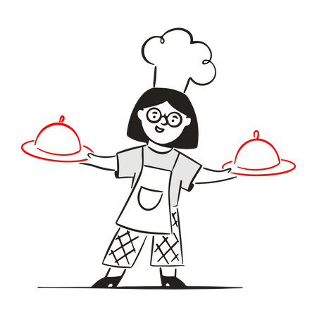 Chef femenina lleva sus platos  Ilustración