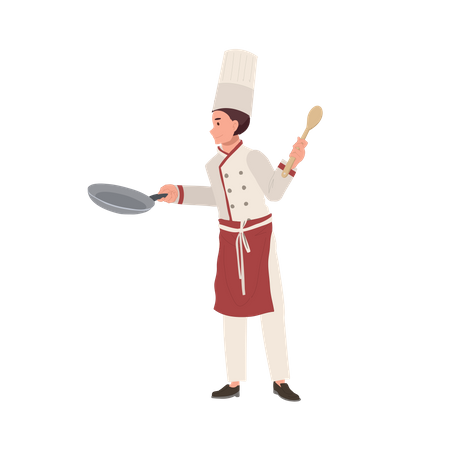 Chef masculino com chapéu de chef segurando Pan e Turner  Ilustração