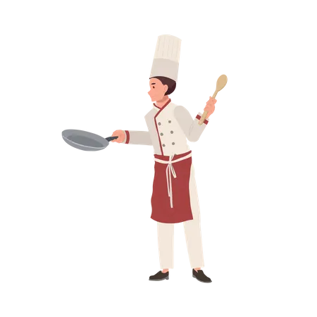 Chef masculino com chapéu de chef segurando Pan e Turner  Ilustração