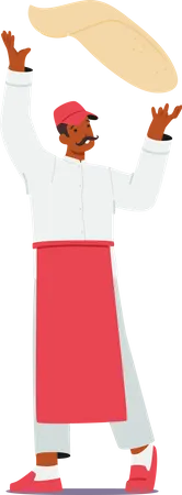 Personagem De Chef Magistral Gira Massa De Pizza Com Delicadeza Criando Um Espetaculo Culinario A Farinha Danca No Ar Enquanto Maos Habilidosas Transformam Ingredientes Simples Em Uma Deliciosa Tela De Vetor De Sabores Ilustração