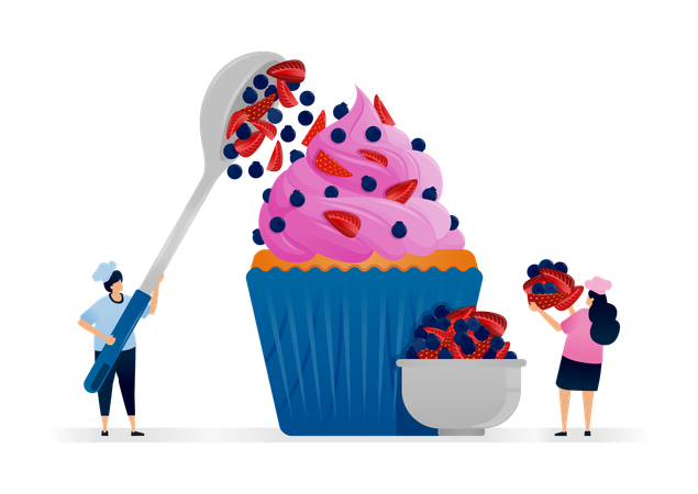 Chef making cupcakes with pink cream topping and blueberries mixed with strawberry pieces  Illustration