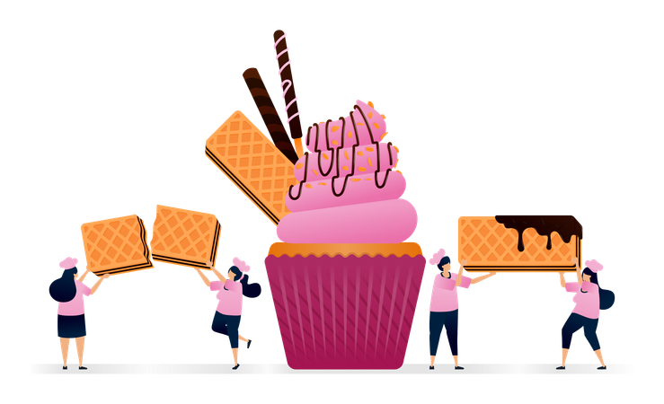 Chef making cupcakes with pink icing and chocolate wafers  Illustration