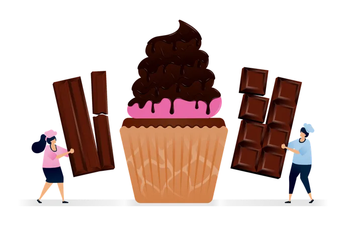 Chef making cupcakes with pink icing topping and melted chocolate bar glaze  Illustration