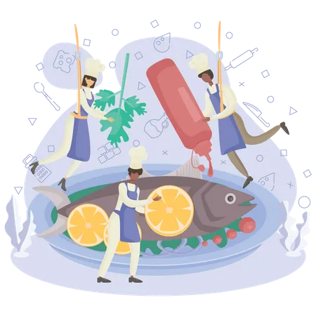 Chef making fish dish Illustration