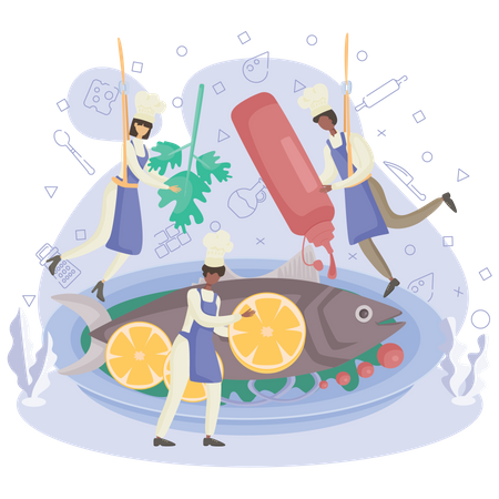 Chef making fish dish  Illustration