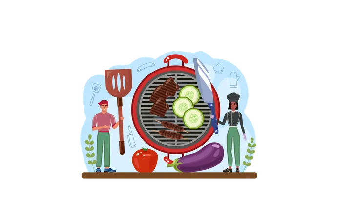 Chef making Grilled meat with vegetables  Illustration