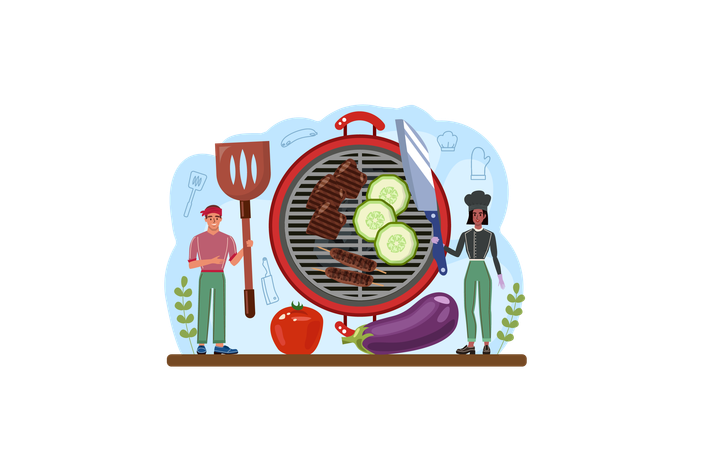 Chef making Grilled meat with vegetables  Illustration