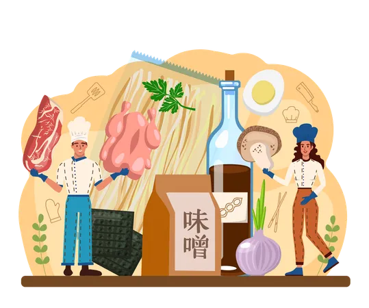 Ramen Noodles Traditional Japanese Food Bowl Of Soup With Meat Noodles Mushrooms And Seaweed Asian Cuisune Restaurant Flat Vector Illustration イラスト