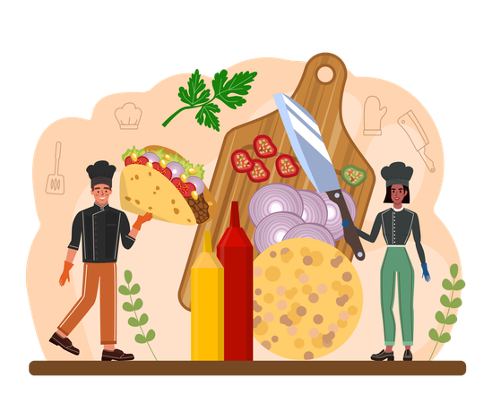 Chef making Mexican fast-food with meat and vegetable  イラスト