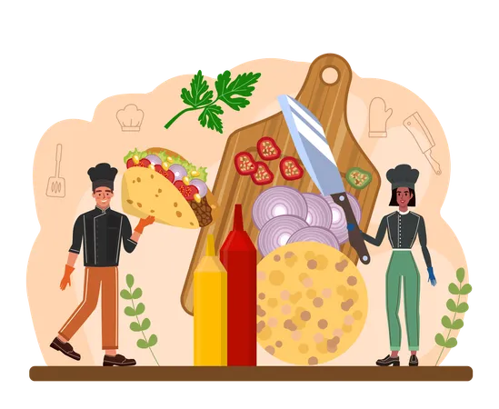 Tacos Traditional Mexican Fast Food With Meat And Vegetable Tortilla With Different Toppings Lettuce Leaves Cheese Tomato Forcemeat Sauce Flat Vector Illustration イラスト