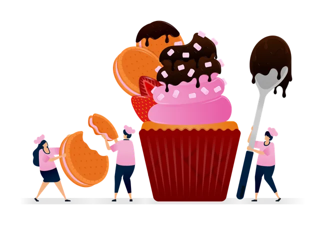 Chef faisant un muffin avec des biscuits marie arrondis enrobés de chocolat fondu et de fraise  Illustration