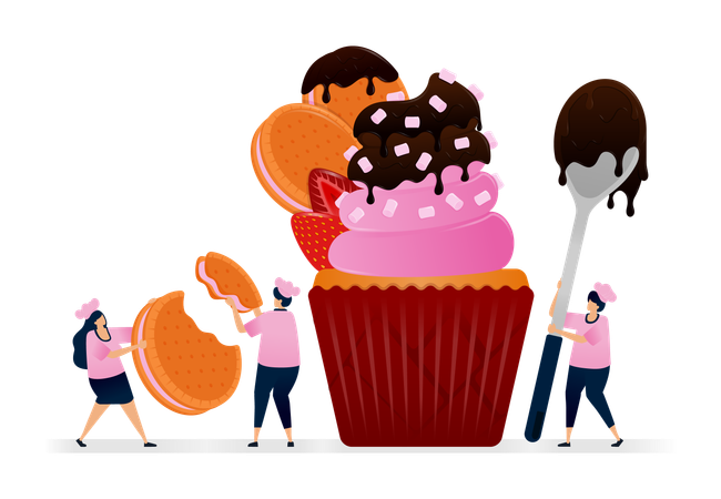 Chef making muffin with top of rounded marie biscuits coated with melted chocolate and strawberry  Illustration