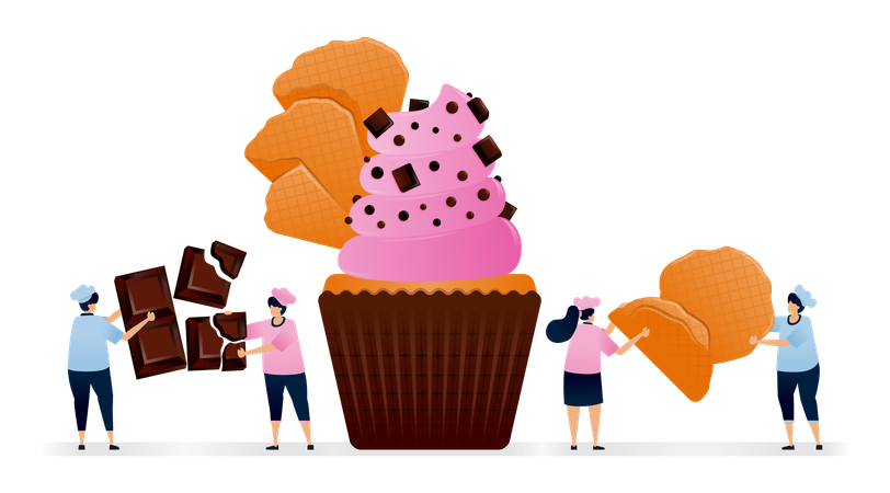 Chef making muffin with topping of chunk chocolate and large pieces of flat crispy cone wafer  Illustration