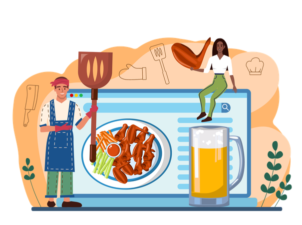 Chef making online buffalo wings and chicken wings  Illustration