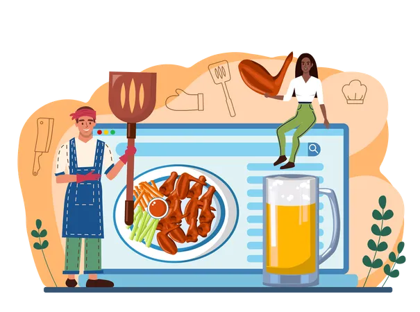 Buffalo Wings Online Service Or Platform Chicken Wings Cooking With Butter And Pepper Spicy Homemade Appetizer With Crust Website Flat Vector Illustration イラスト