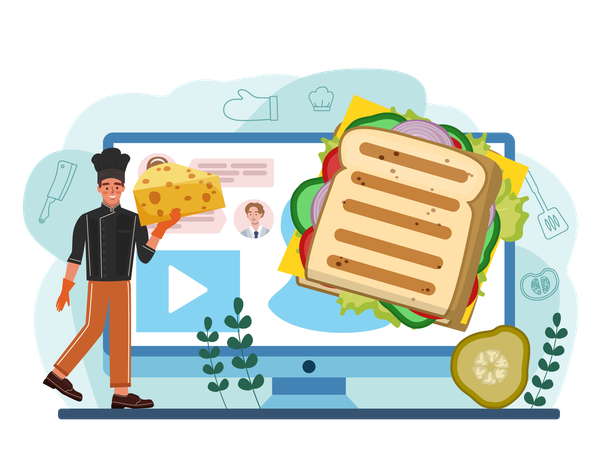 Chef making Online delicious sandwich  Illustration