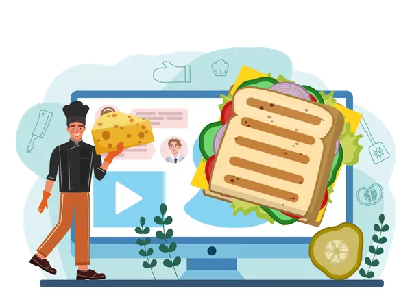 Sandwich Online Service Or Platform Toast With Ham Turkey Or Bacon Cheese Salad And Tomatoes Delicious Lunch Snack Online Recipe Flat Vector Illustration 일러스트레이션
