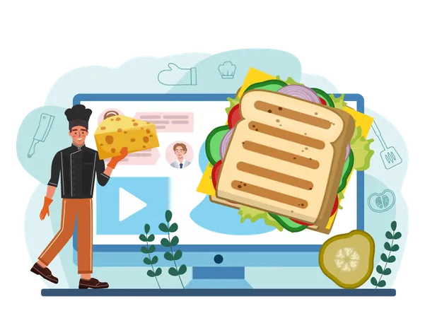 Chef making Online delicious sandwich  Illustration