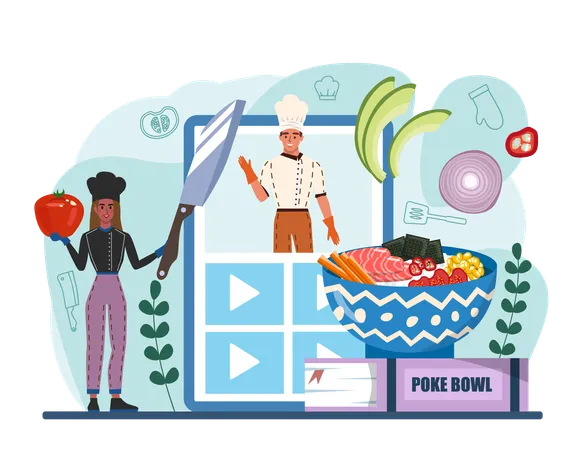 Poke Bowl Online Service Or Platform Fresh Hawaiian Food With Salmon Tuna Or Shrimp Topings Sliced Vegetables And Seafood Video Blog Flat Vector Illustration Illustration