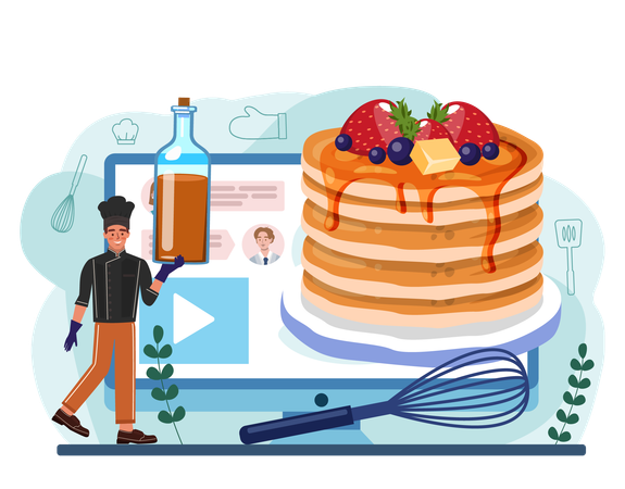 Chef making online pancake  Illustration