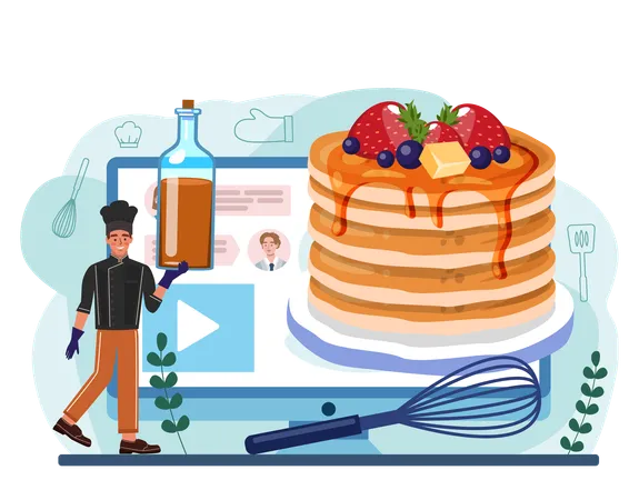 Pancake Online Service Or Platform Tasty Pancake For Breakfast With Berry And Topping Homemade Dessert Online Recipe Flat Vector Illustration Illustration