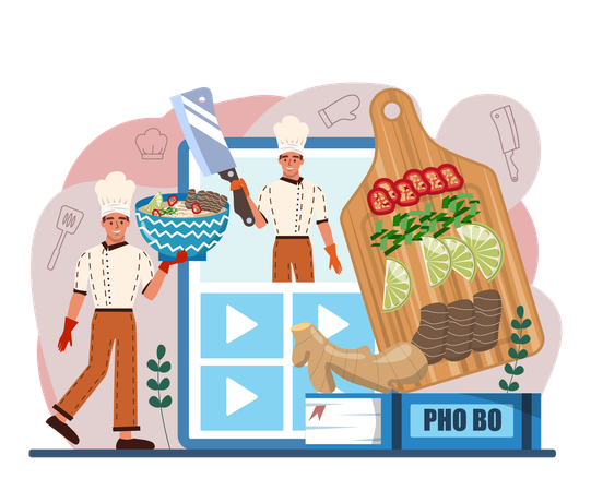 Chef making online Vietnamese soup in bowl  イラスト