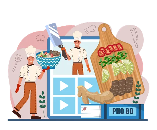 Pho Bo Online Service Or Platform Vietnamese Soup In A Bowl Traditional Spicy Meal With Noodles Broth And Meat Video Blog Flat Vector Illustration イラスト