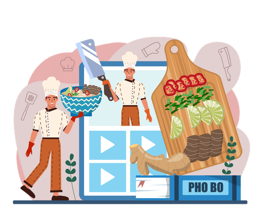 Chef making online Vietnamese soup in bowl  Illustration