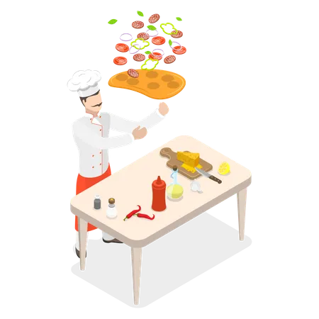 3 D Isometric Flat Vector Illustration Of Pizza Making Pizzaiolo Throwing Dough Illustration