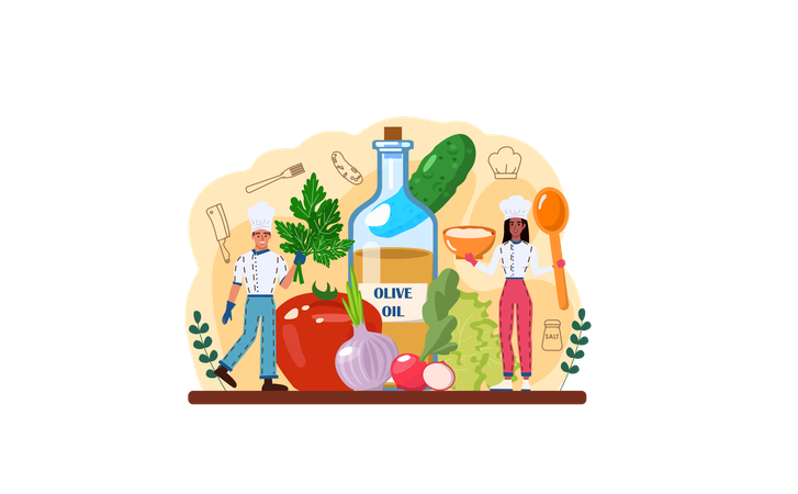 Chef making salad in olive oil  Illustration