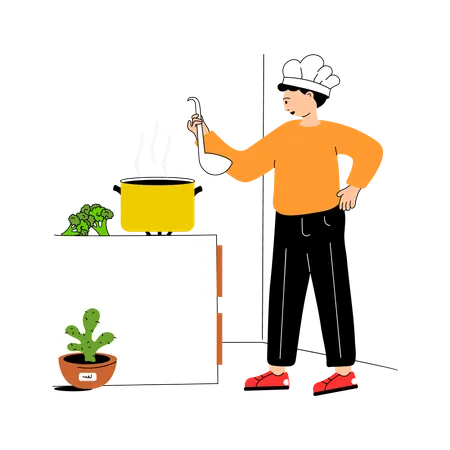 Chef making soup in kitchen  Illustration