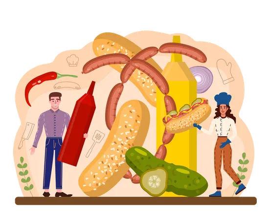 Hot Dog Unhealthy Fast Food Cooking American Snack With Ketchup Bun And Sausage Delicious Food With A Nipple Lying In A Bun And Poured Mustard Flat Vector Illustration イラスト