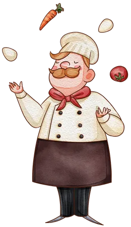 Chef masculino haciendo malabarismos con verduras  Ilustración