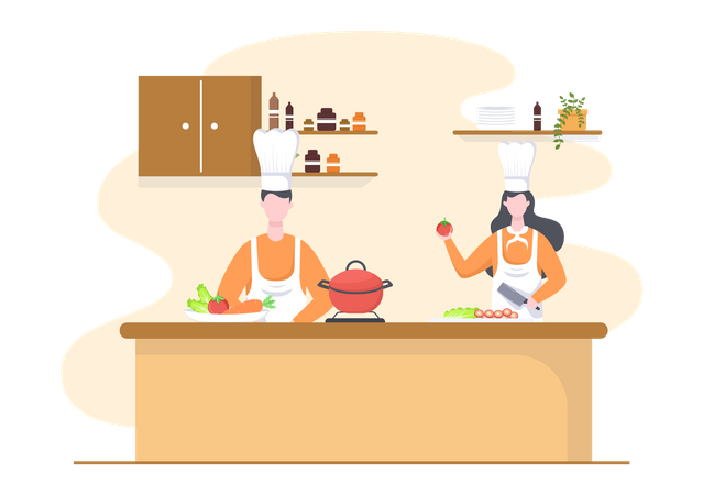 Chef man and female preparing food  Illustration