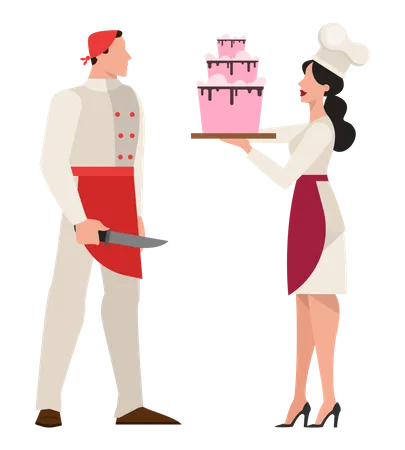 Chef Man And Woman In The White Uniform Standing Couple Cook On The Kitchen Lady Holding A Cake Food Service Isolated Vector Illustration In Flat Style Illustration