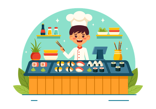 Chef masculino cocinando comida de sushi  Ilustración