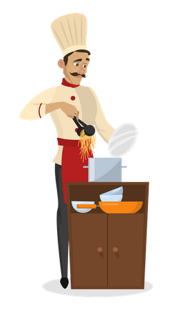 Chef masculino cocinando fideos  Ilustración