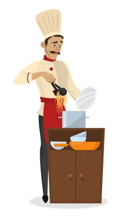 Chef De Restaurante Cocinando Hombre Con Delantal Preparando Un Plato Sabroso Un Trabajador Profesional En La Cocina Hace Espaguetis Ilustracion De Vector Aislado En Estilo De Dibujos Animados Ilustración