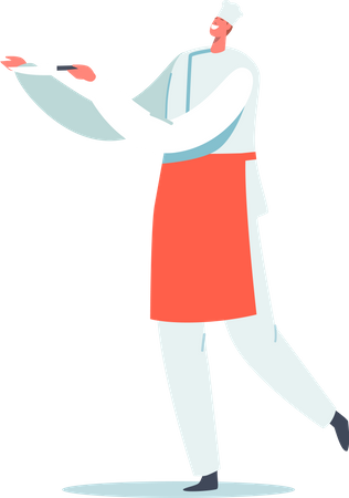 Chef masculino en delantal rojo sosteniendo cuchillo de carne  Ilustración