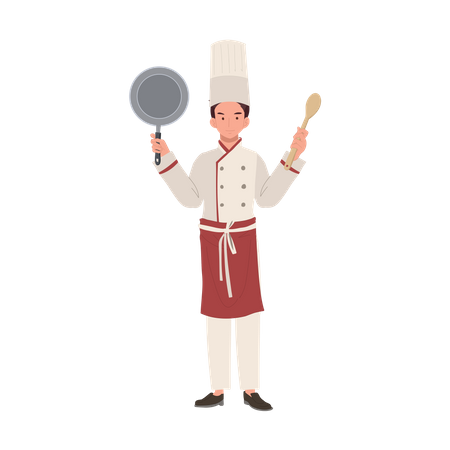 Chef masculino con gorro de chef sosteniendo sartén y volteador  Ilustración